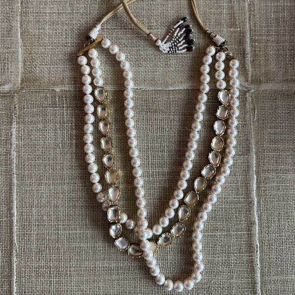 Triple-Strand Pearl and Kundan Necklace - Picture 1 of 4